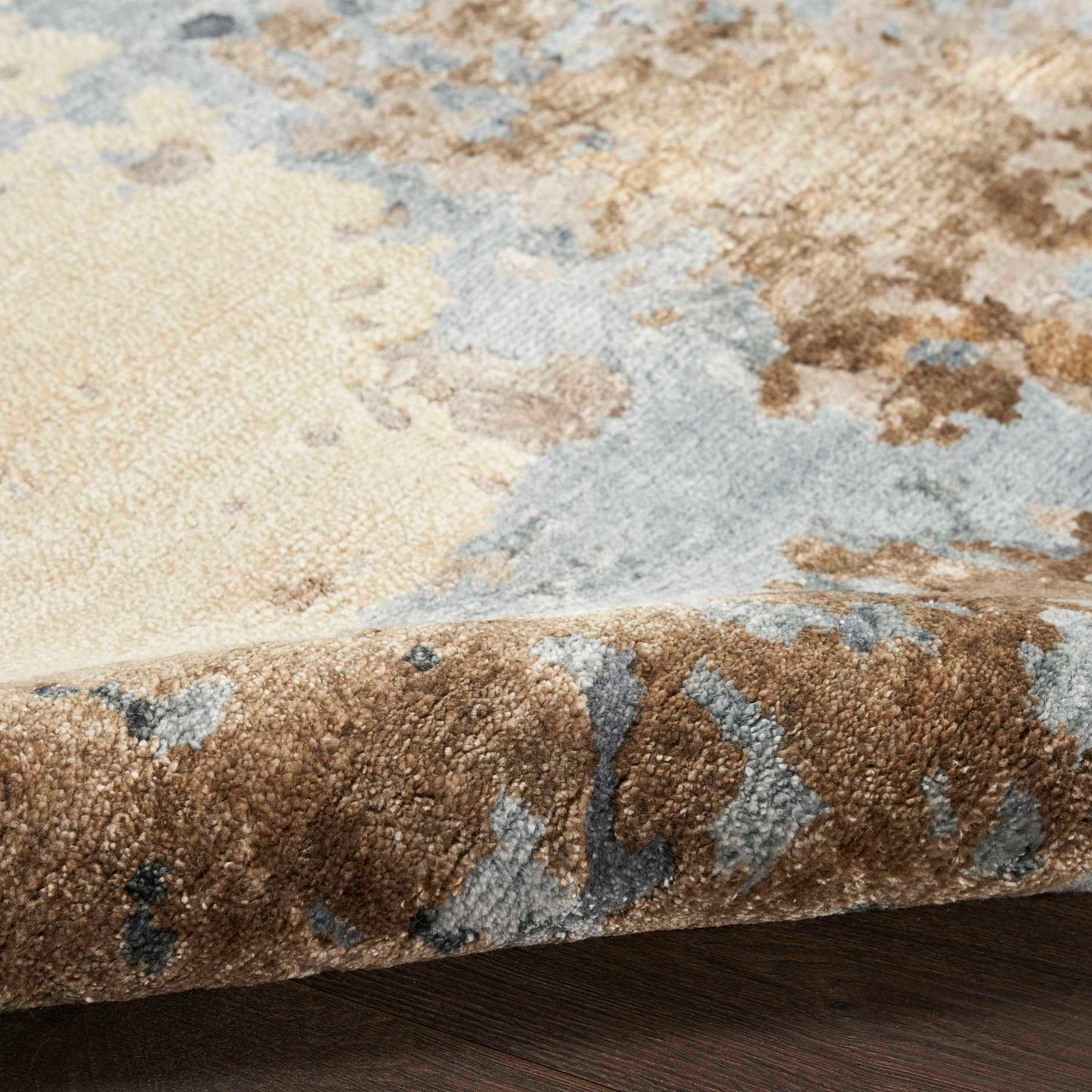 8’ x 10’ Nourison Silk Shadows beige blue abstract area rug, soft modern neutral design with subtle sheen, oversized contemporary living room rug, luxury statement carpet for bedroom, coastal home, or open concept décor.
