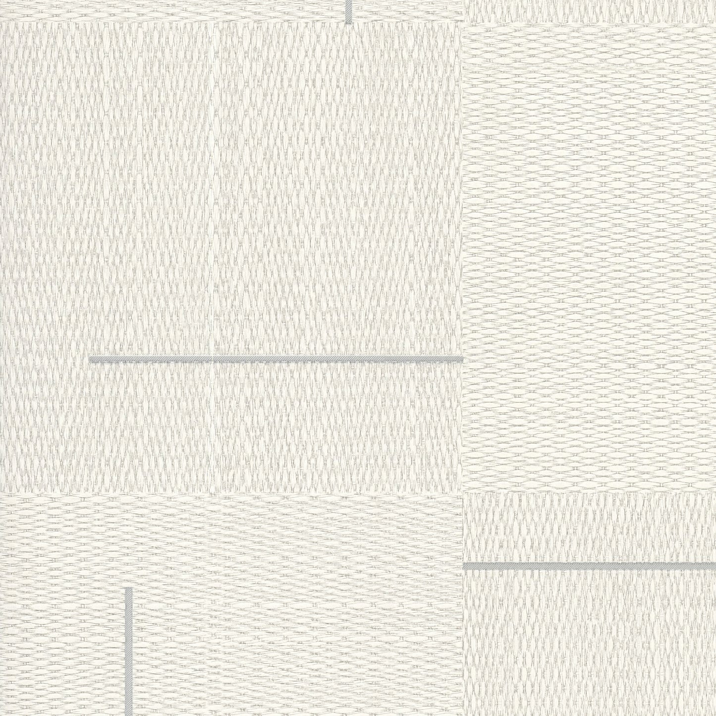 Ivory wallpaper with a cream woven texture, segmented tile panels and pale blue-gray seam lines.