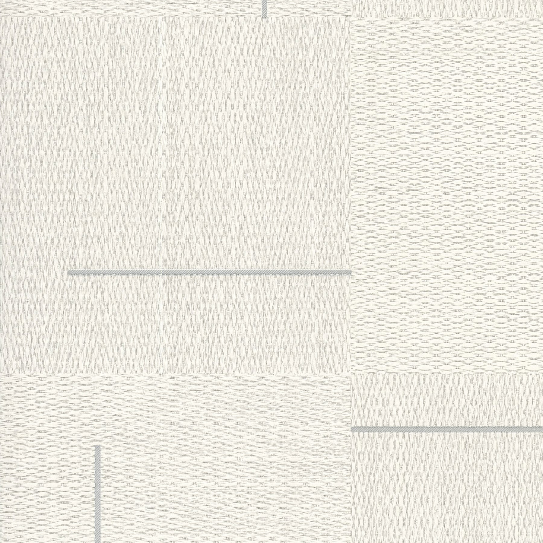 Ivory wallpaper with a cream woven texture, segmented tile panels and pale blue-gray seam lines.