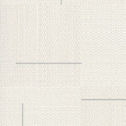 Ivory wallpaper with a cream woven texture, segmented tile panels and pale blue-gray seam lines.