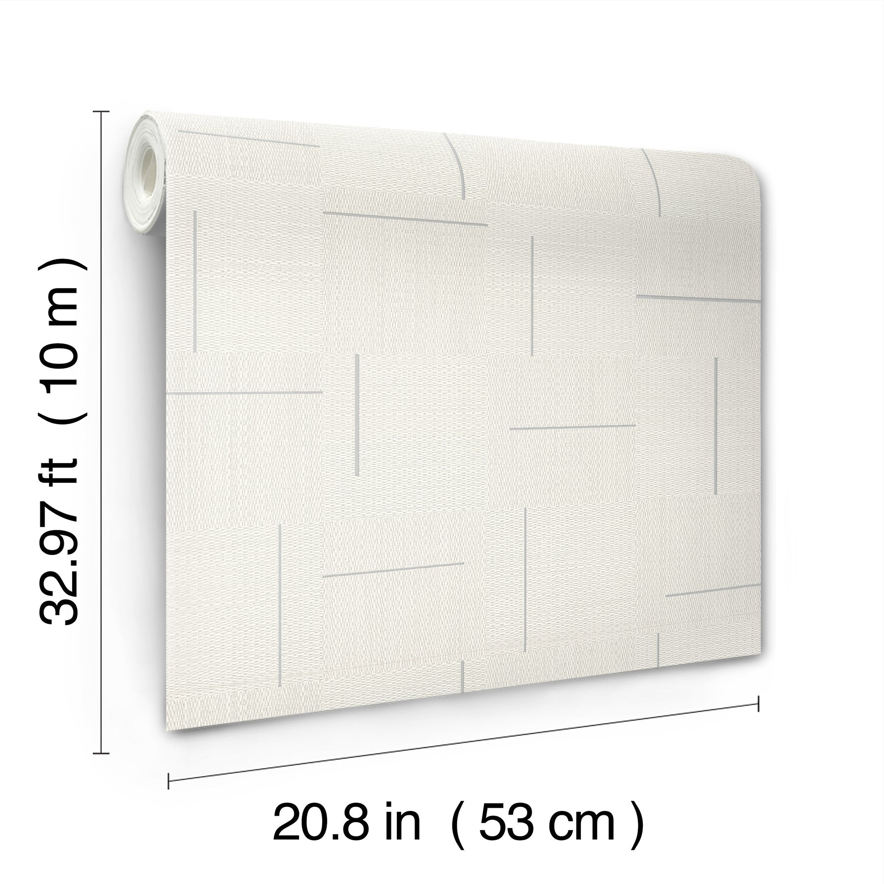 Off-white wallpaper roll with subtle gray geometric line pattern; 20.8 in width (53 cm) and 32.97 ft (10 m) long.