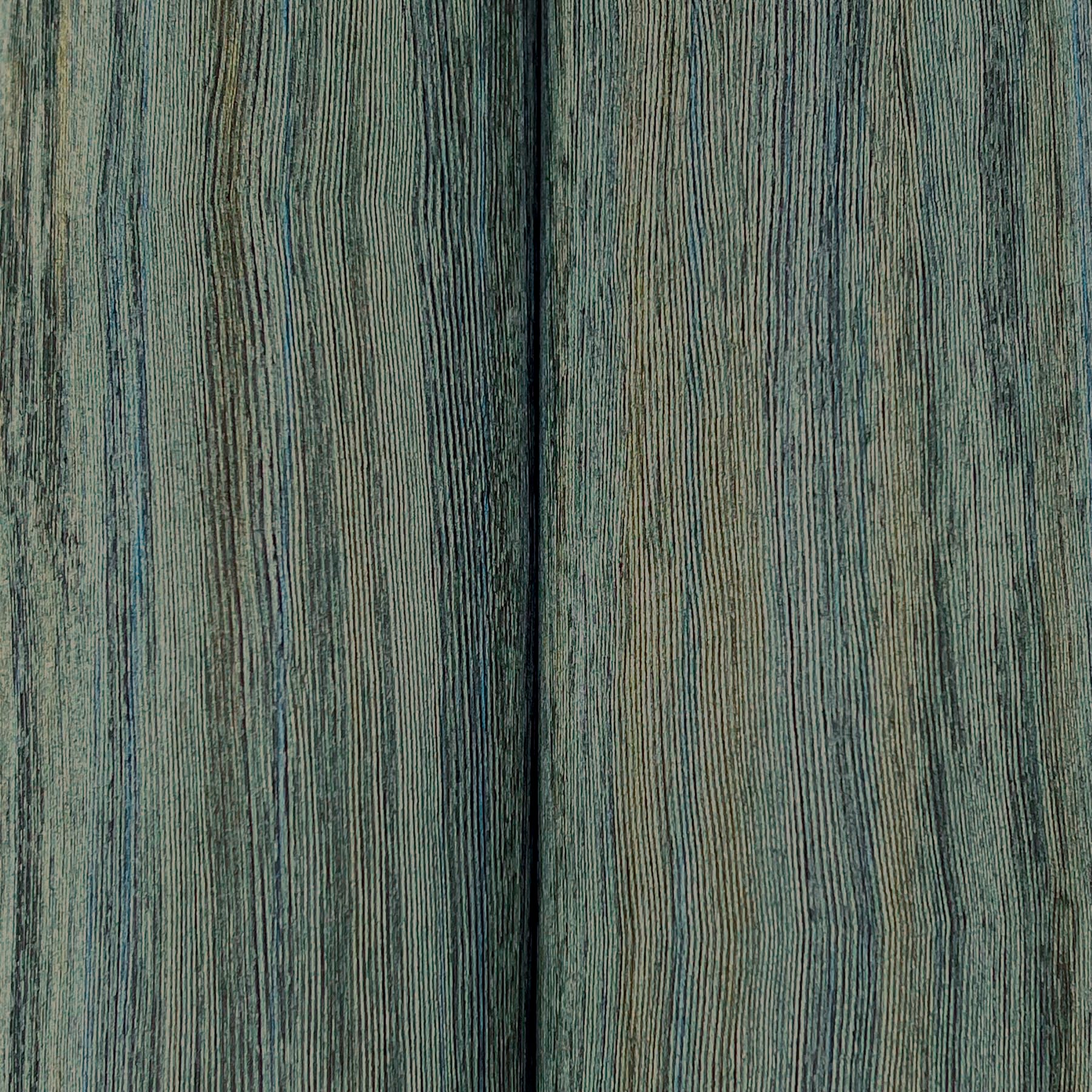 Close-up of teal striped wallpaper texture, showing a linen-like surface and narrow repeating stripes.