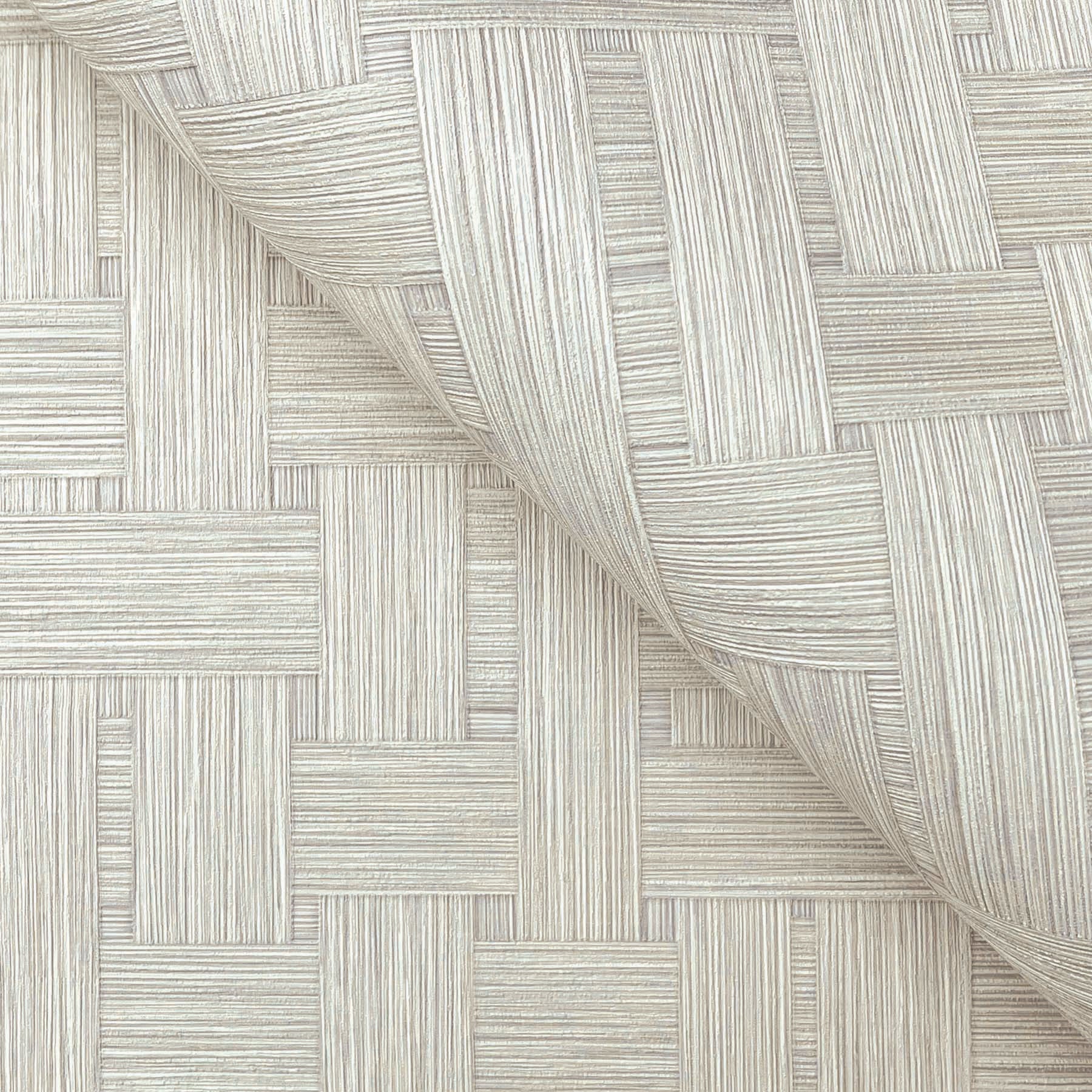 Cream-beige textured vinyl wallpaper with parquet-like woven stripe squares and a curled edge.