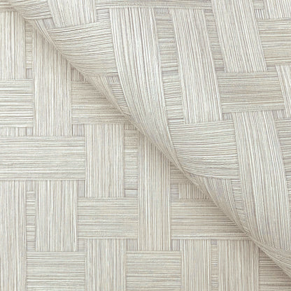 Cream-beige textured vinyl wallpaper with parquet-like woven stripe squares and a curled edge.