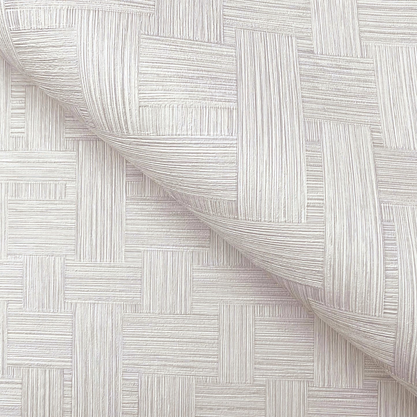 Warm grey basketweave textured wallpaper with ribbed lines and a curled corner, modern decorative wallcovering.