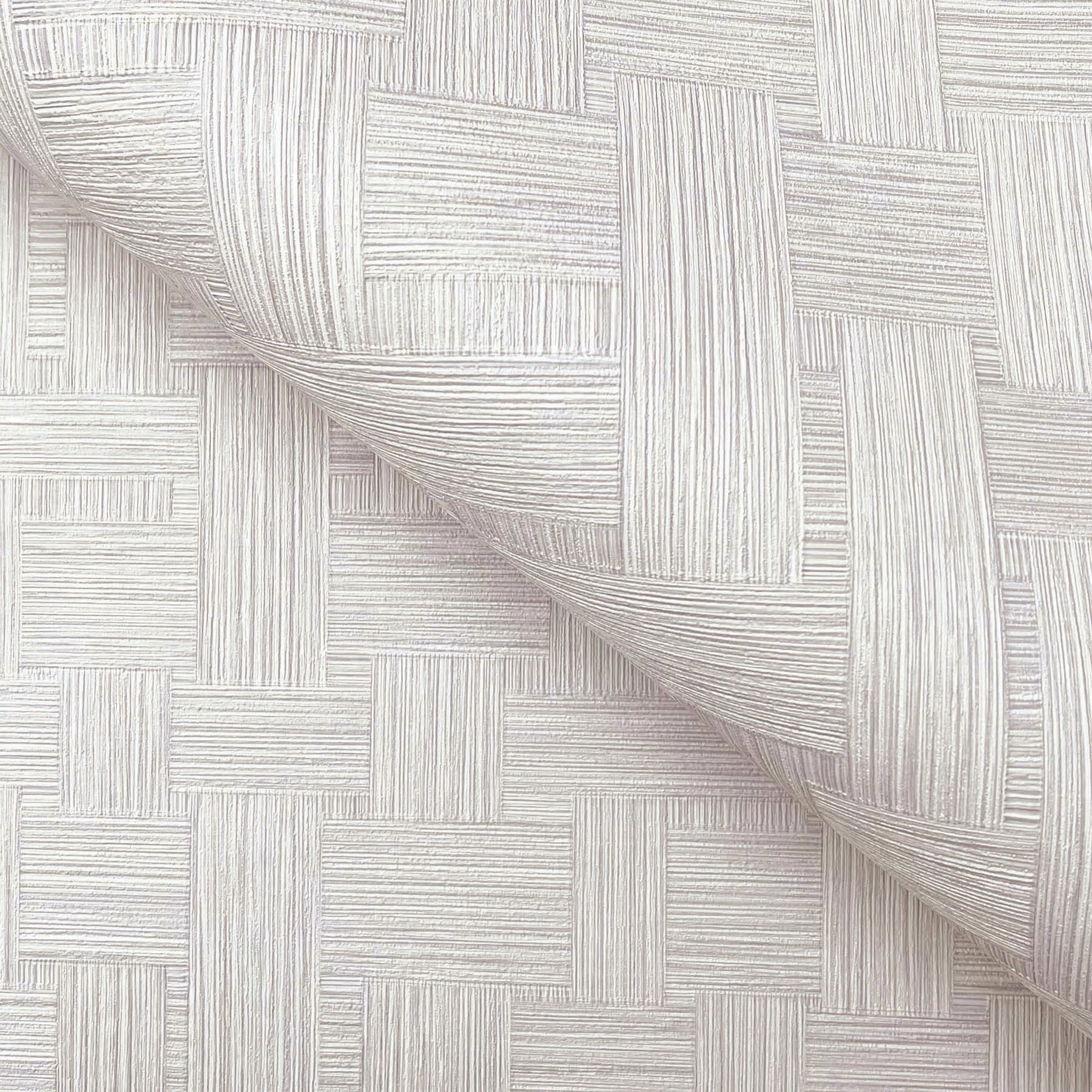 Warm grey basketweave textured wallpaper with ribbed lines and a curled corner, modern decorative wallcovering.