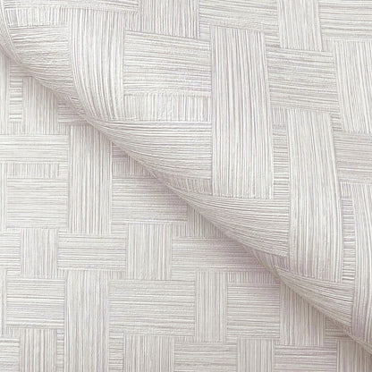 Warm grey basketweave textured wallpaper with ribbed lines and a curled corner, modern decorative wallcovering.