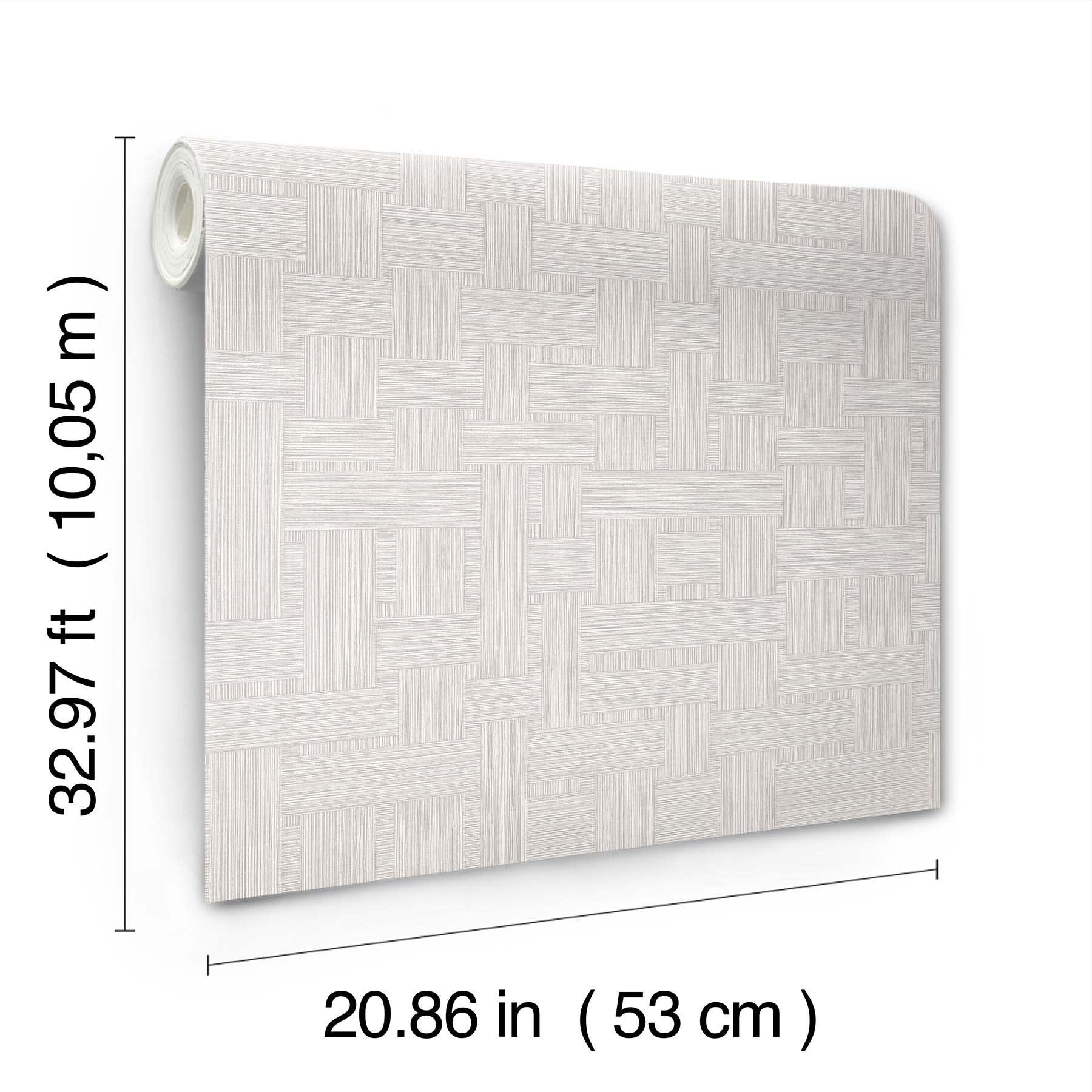 Warm grey wallpaper roll with a woven basketry texture; 53 cm wide x 10.05 m long.