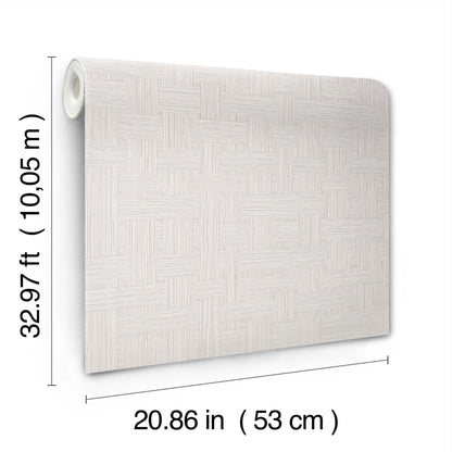 Warm grey wallpaper roll with a woven basketry texture; 53 cm wide x 10.05 m long.