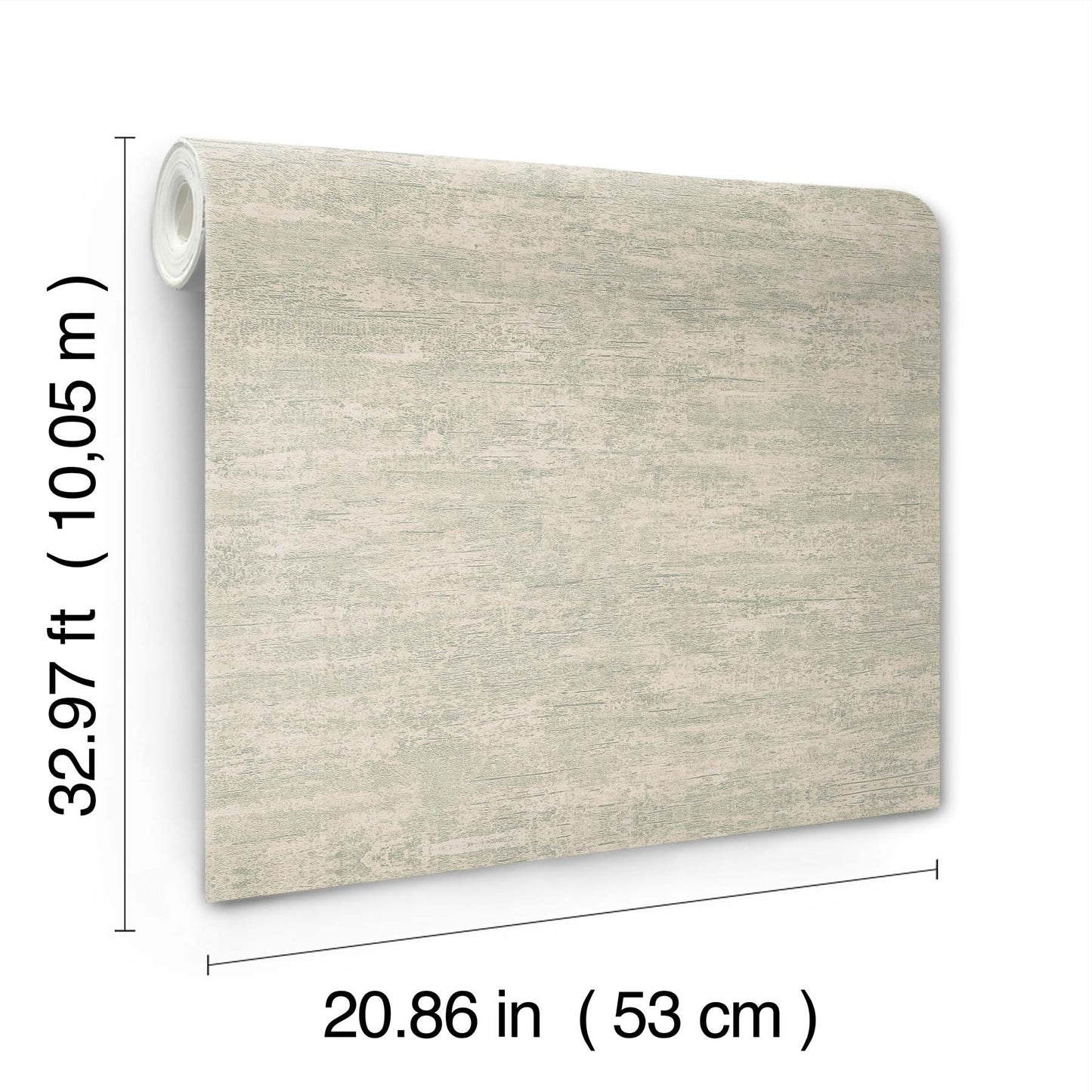 Beige textured wallpaper roll, sheet visible; width 20.86 in (53 cm), length 32.97 ft (10.05 m).