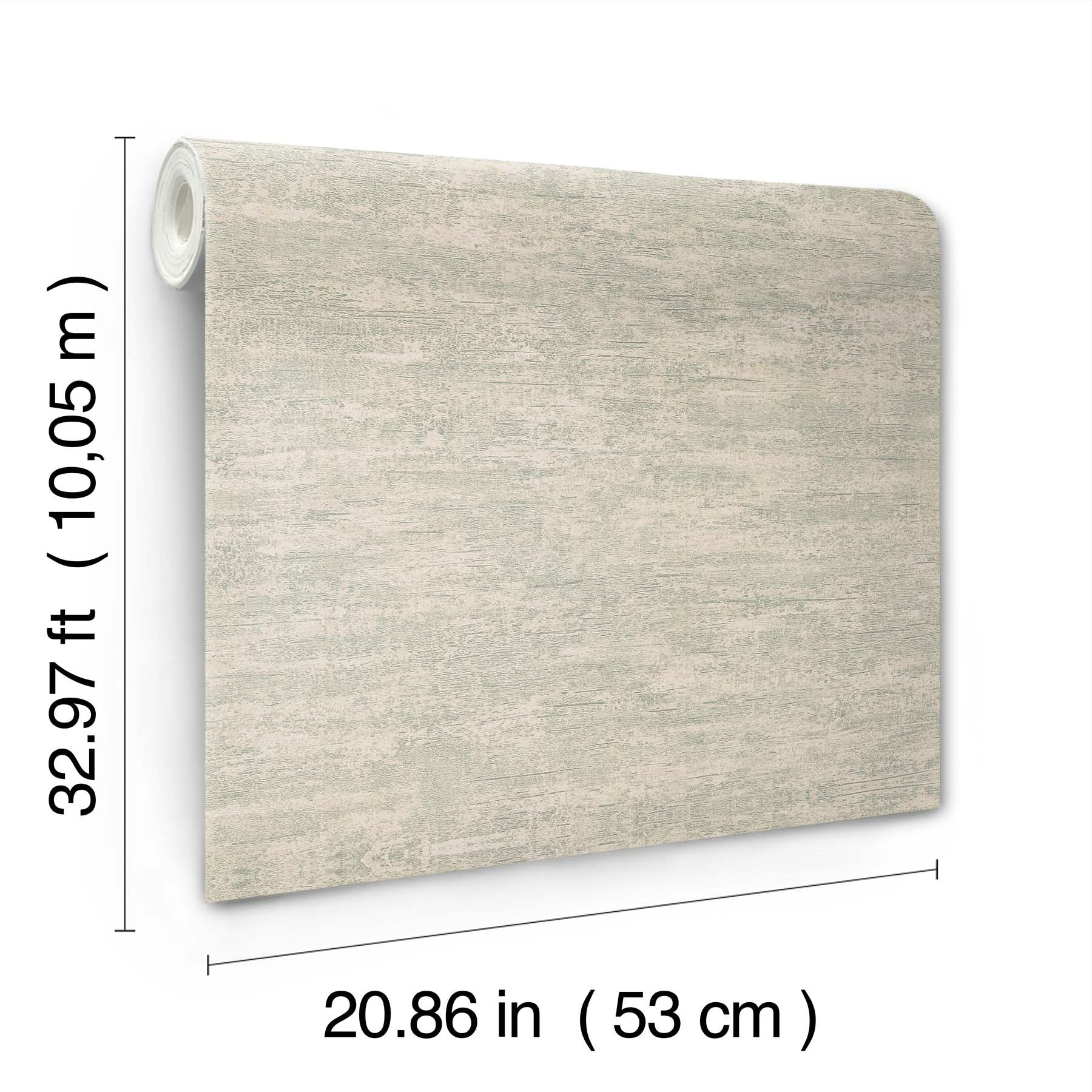 Beige textured wallpaper roll, sheet visible; width 20.86 in (53 cm), length 32.97 ft (10.05 m).