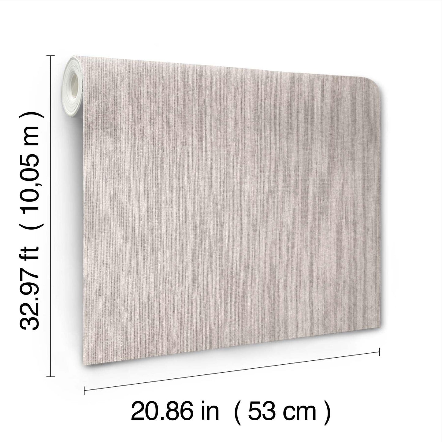 Dove grey textured wallpaper roll with exposed left edge; 53 cm wide, 10.05 m long.