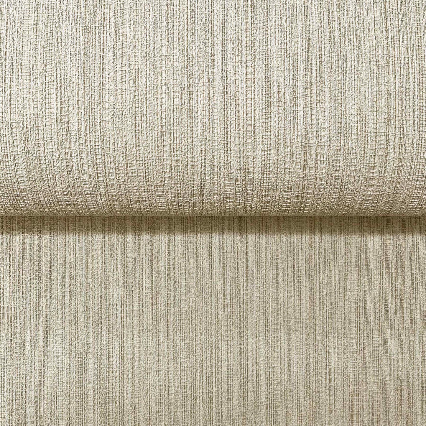Beige textured upholstery fabric with vertical ribbed weave, rolled edge, ideal for furniture, curtains or cushions.