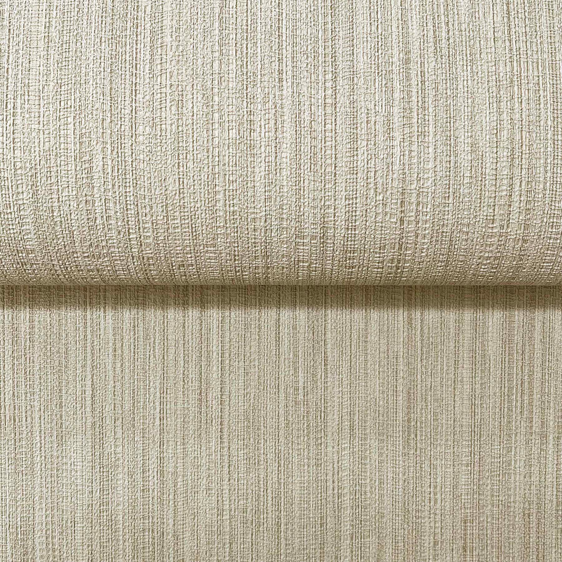 Beige textured upholstery fabric with vertical ribbed weave, rolled edge, ideal for furniture, curtains or cushions.