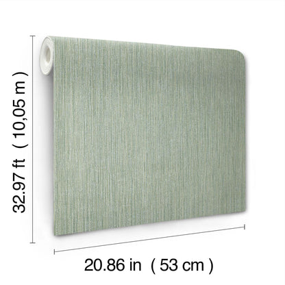 Mint-green textured wall panel on a roll with metallic vertical streaks; 53 cm wide by 10.05 m long.