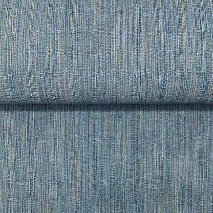 Blue denim-like woven fabric with vertical rib texture and subtle beige flecks; folded upholstery swatch.