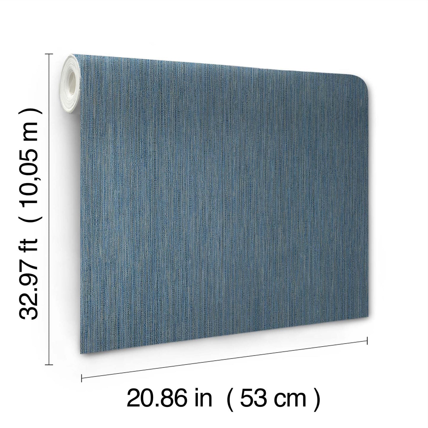Blue textured fabric wallpaper roll, rolled at left, 53 cm wide by 10 m long, for wall covering.