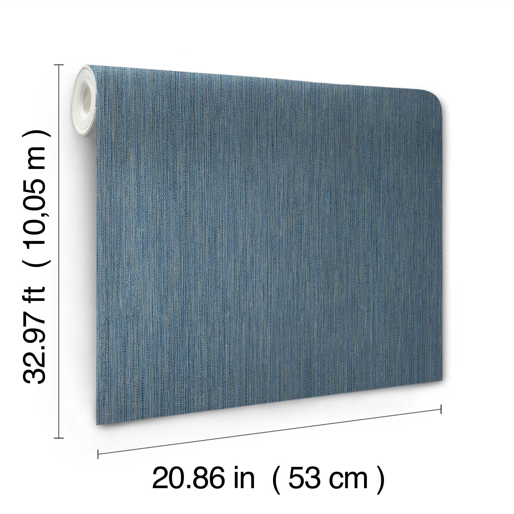Blue textured fabric wallpaper roll, rolled at left, 53 cm wide by 10 m long, for wall covering.