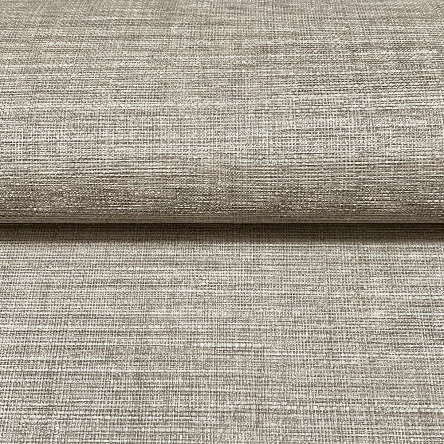 Beige linen-look woven fabric roll with a textured crosshatch pattern, ideal for upholstery or drapery.