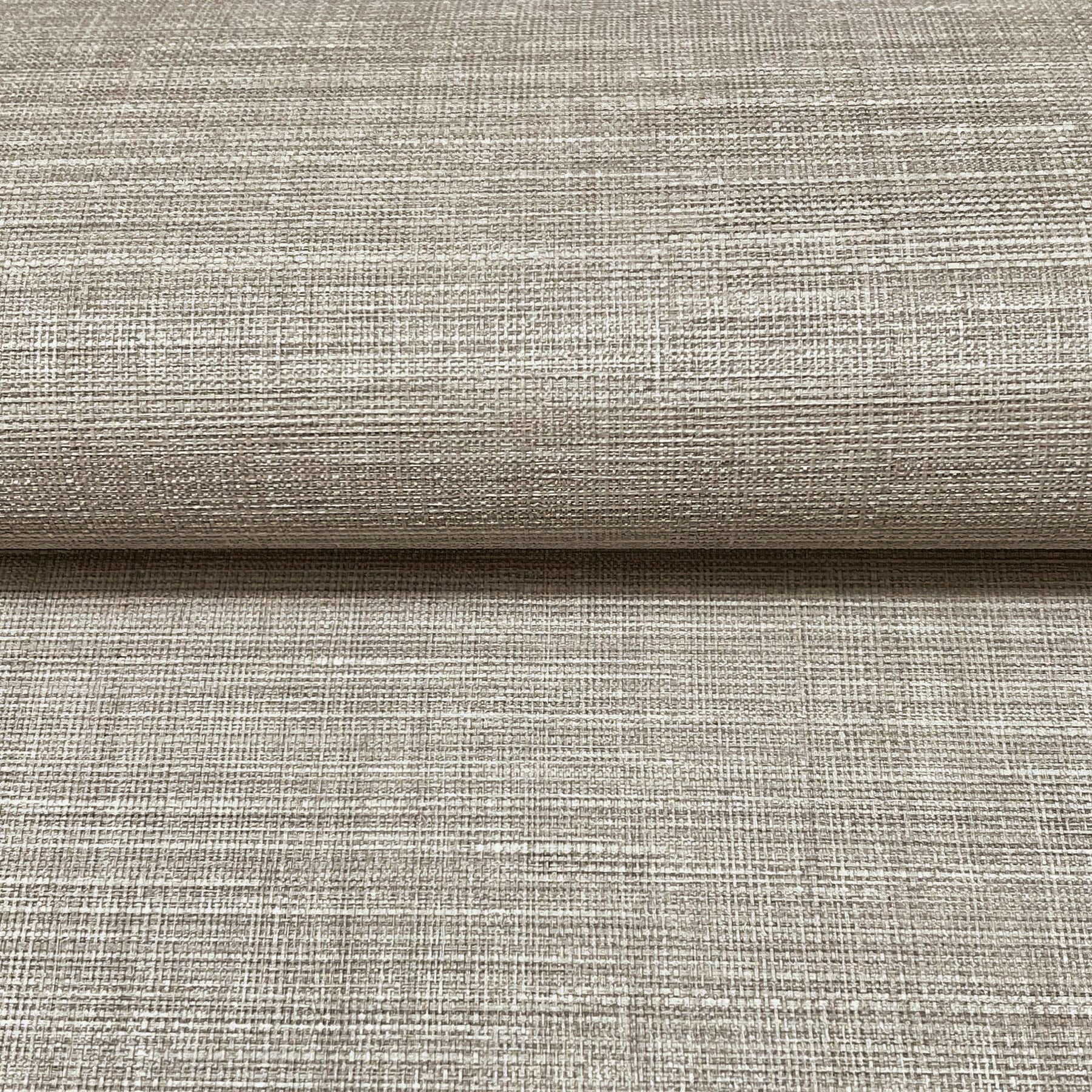 Beige linen-look woven fabric roll with a textured crosshatch pattern, ideal for upholstery or drapery.