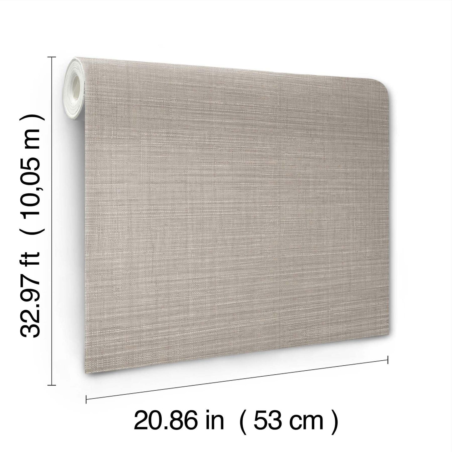 Beige linen-textured wallpaper panel, 53 cm wide by 10.05 m tall, rolled at top-left.