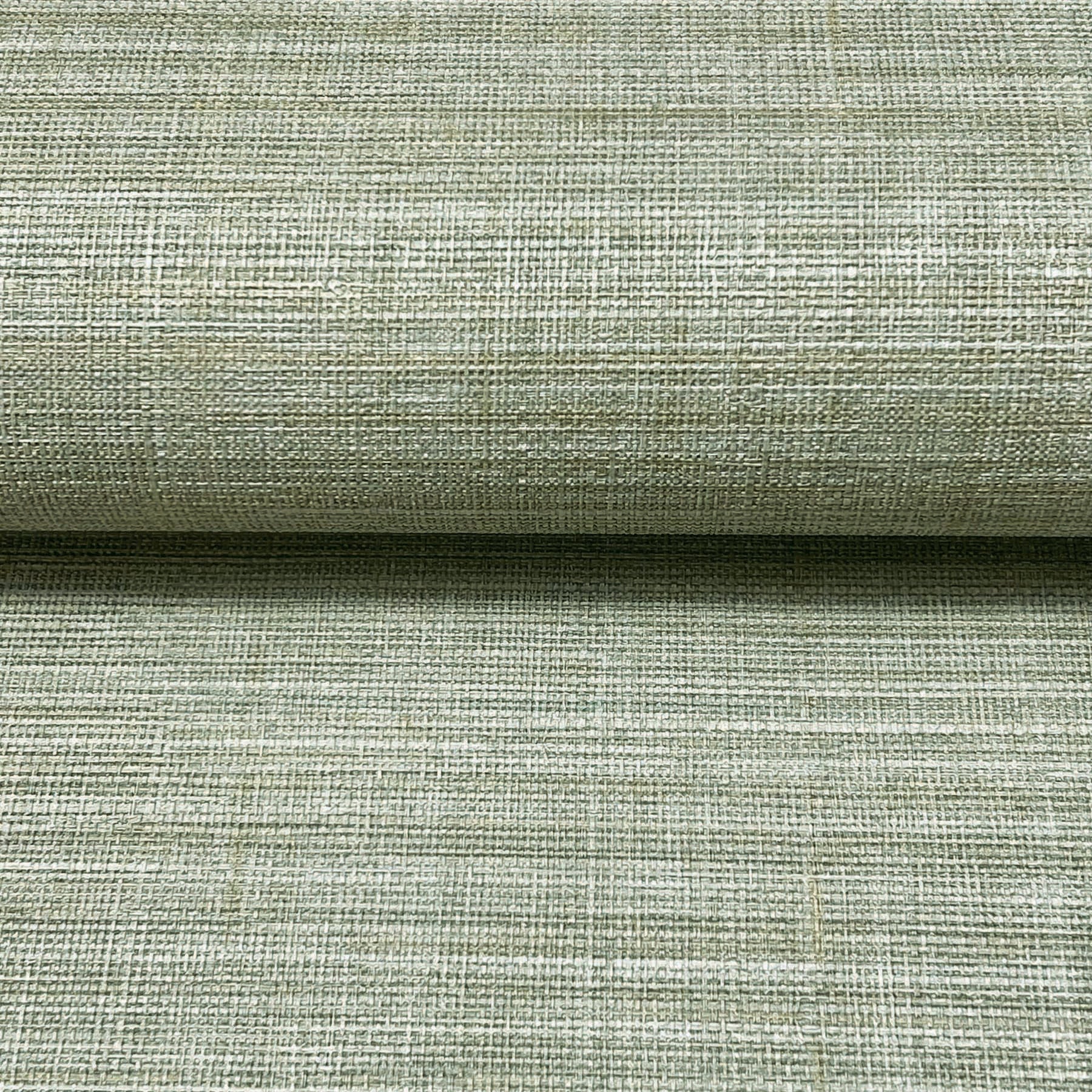 Sage-green woven linen fabric with a chunky crosshatch texture, rolled edge, natural rustic upholstery look.