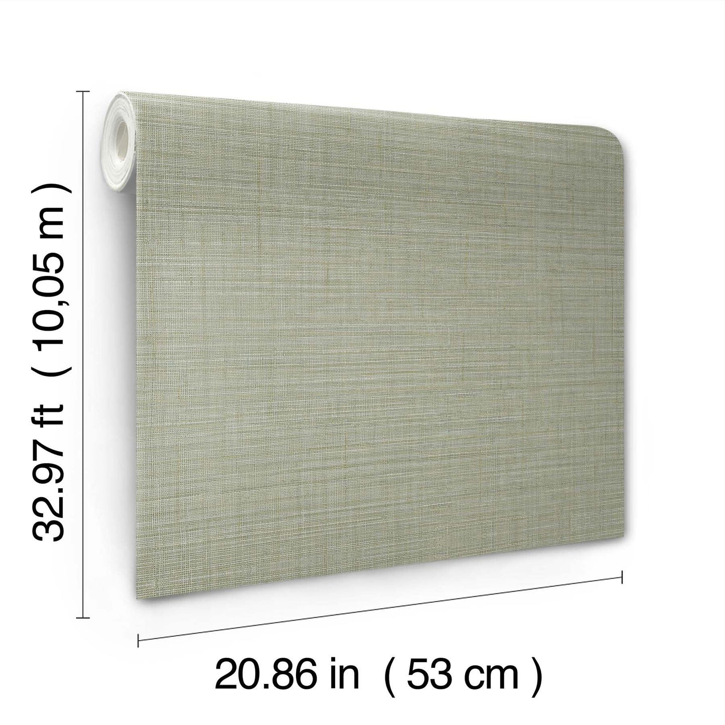 Beige linen-textured fabric wall panel, 53 cm wide and 10 m long, rolled at top-left.