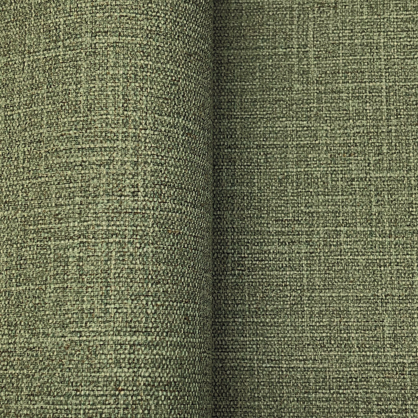 Olive green textured wallpaper with a rough tweed-style weave, on a rolled bolt.