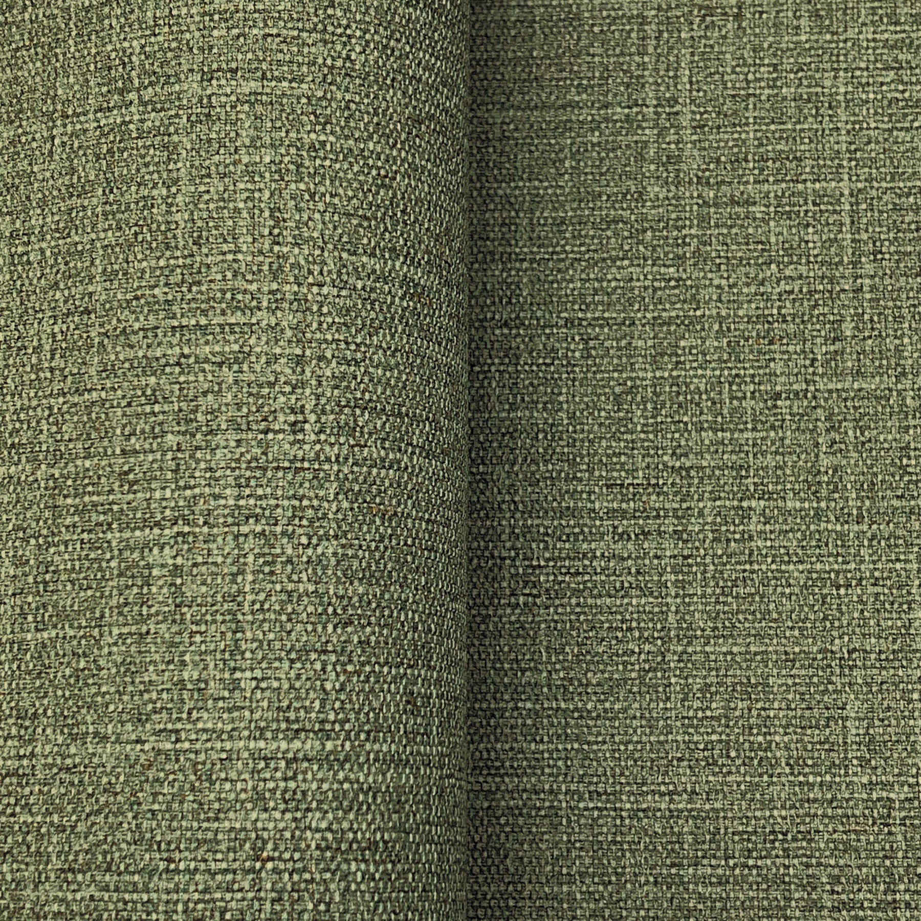 Olive green textured wallpaper with a rough tweed-style weave, on a rolled bolt.