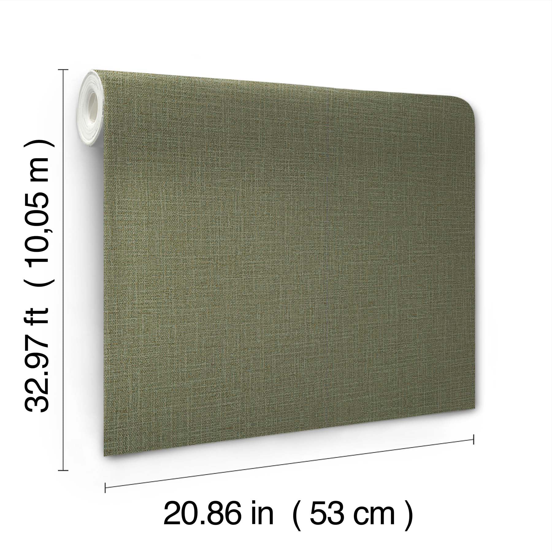Olive green textured wallpaper with woven linen look; 53 cm wide x 10.05 m long, rolled edge.