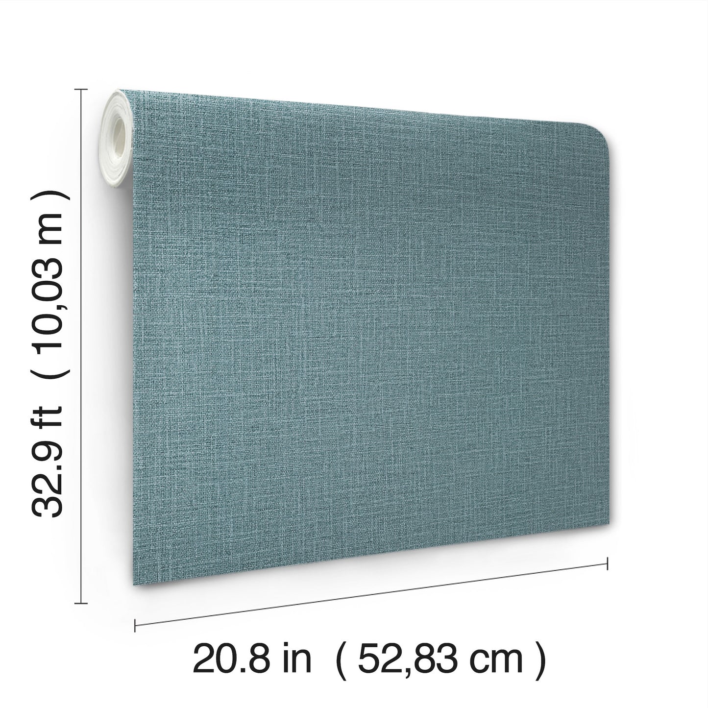 Blue denim-textured wallpaper roll with loom-weave pattern; edge of roll visible; dimensions 20.8 in wide, 32.9 ft long.