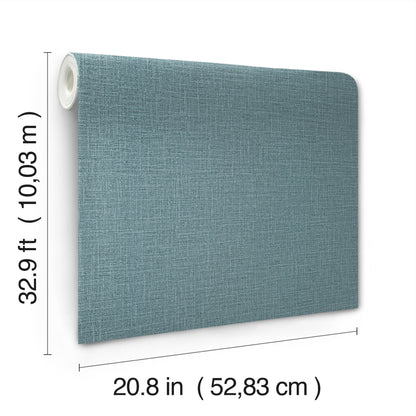 Blue denim-textured wallpaper roll with loom-weave pattern; edge of roll visible; dimensions 20.8 in wide, 32.9 ft long.