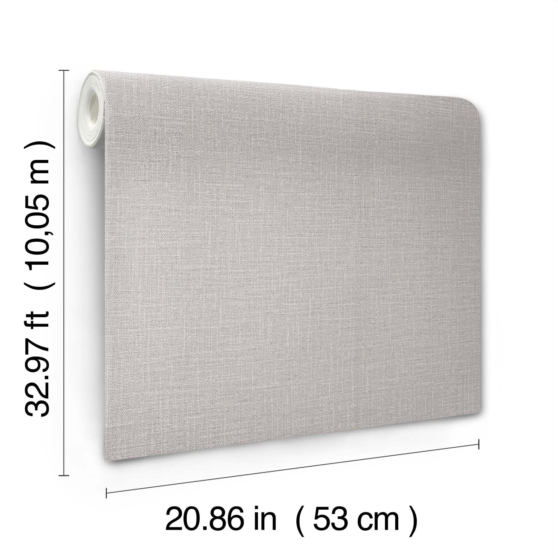 Dove Grey fabric-textured wallpaper roll, partially unrolled against wall; 20.86 in wide, 32.97 ft long.