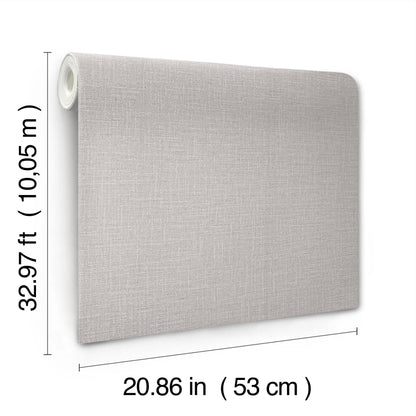 Dove Grey fabric-textured wallpaper roll, partially unrolled against wall; 20.86 in wide, 32.97 ft long.