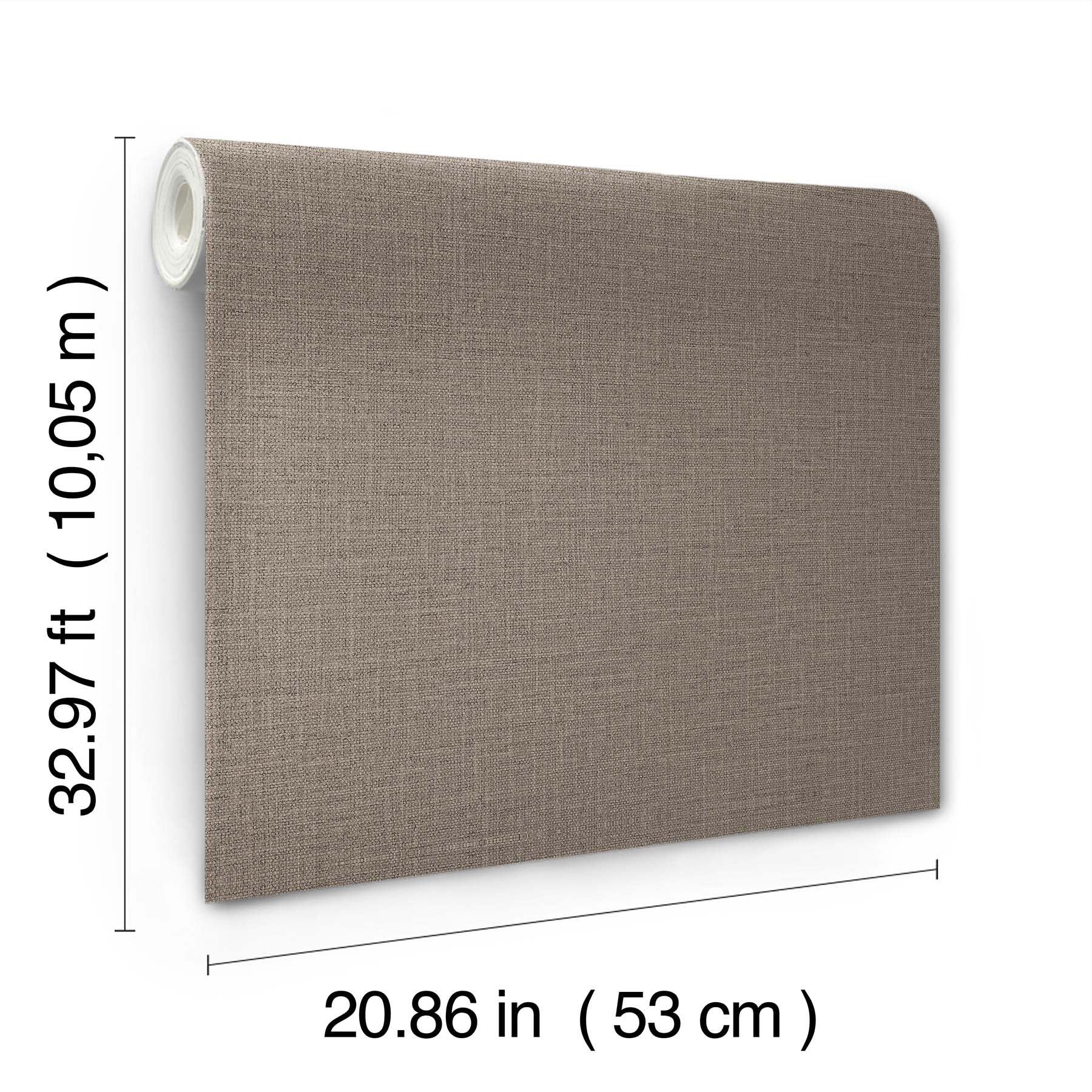 Taupe loom-weave mushroom wallpaper roll, 53 cm wide by 10.05 m long, with a rolled left edge.