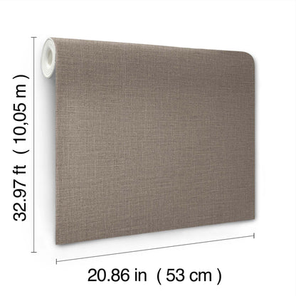 Taupe loom-weave mushroom wallpaper roll, 53 cm wide by 10.05 m long, with a rolled left edge.