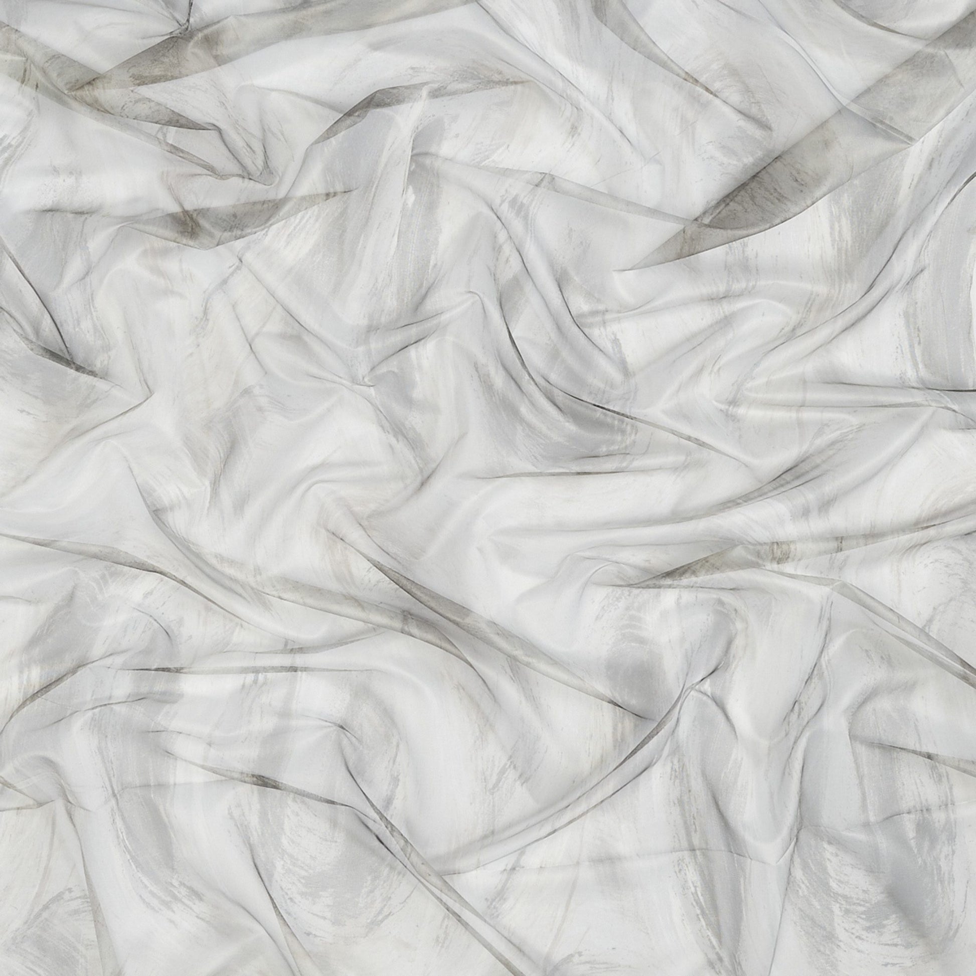 Sheer fabric in abstract green and sage tones, wide width, with a soft, flowing drape.