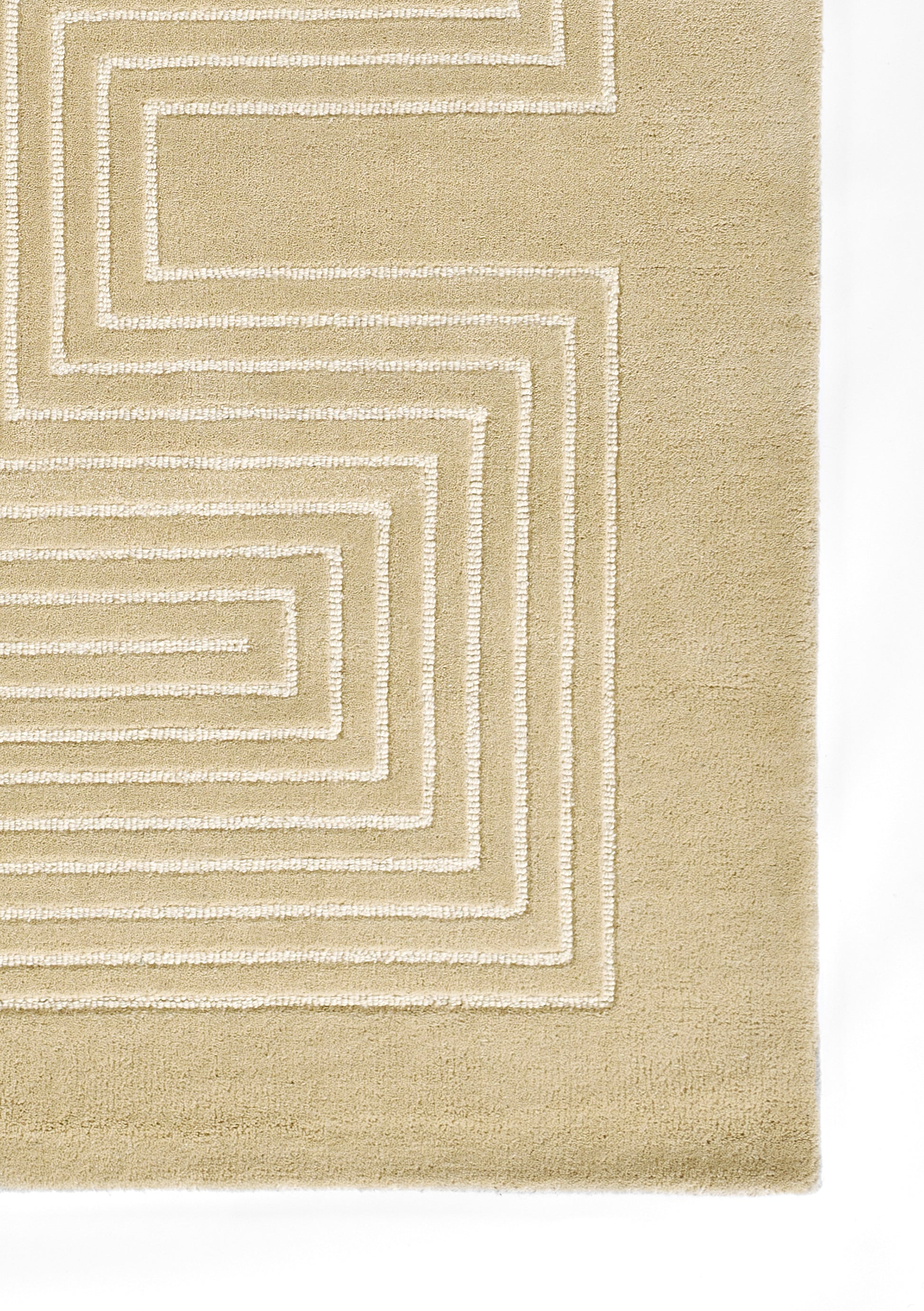 Beige rectangular rug (5' x 8') with a white stepped square spiral geometric pattern; modern home decor.