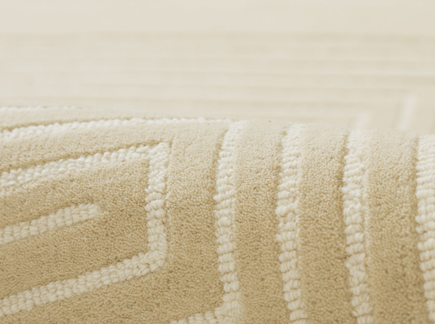 Beige loop-pile rug close-up with cream geometric border; soft, woven texture.