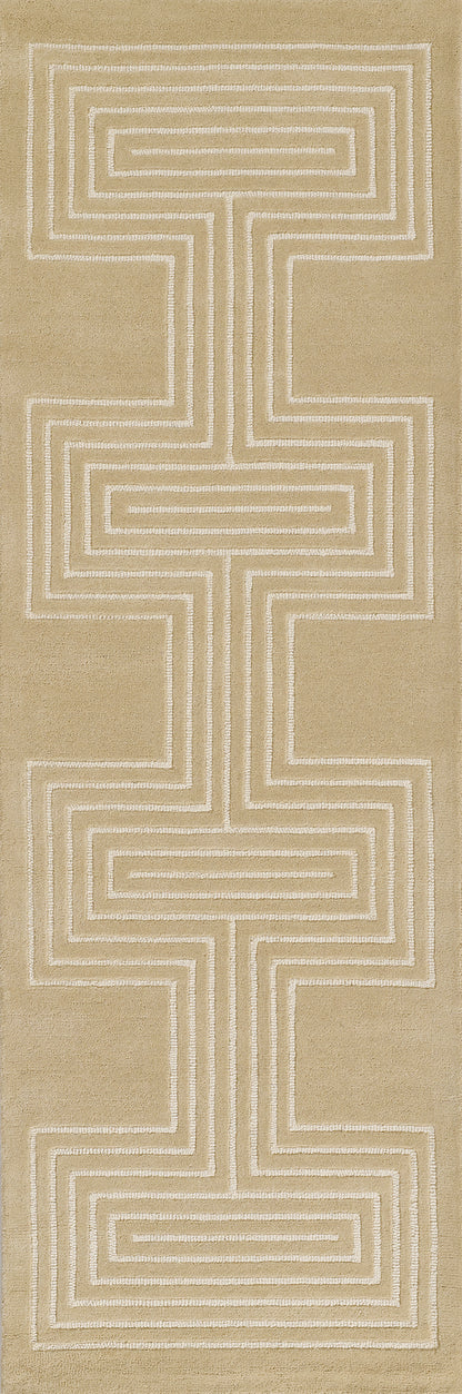 Beige rug featuring a white geometric maze of nested rectangles forming a vertical column; modern minimalist design.