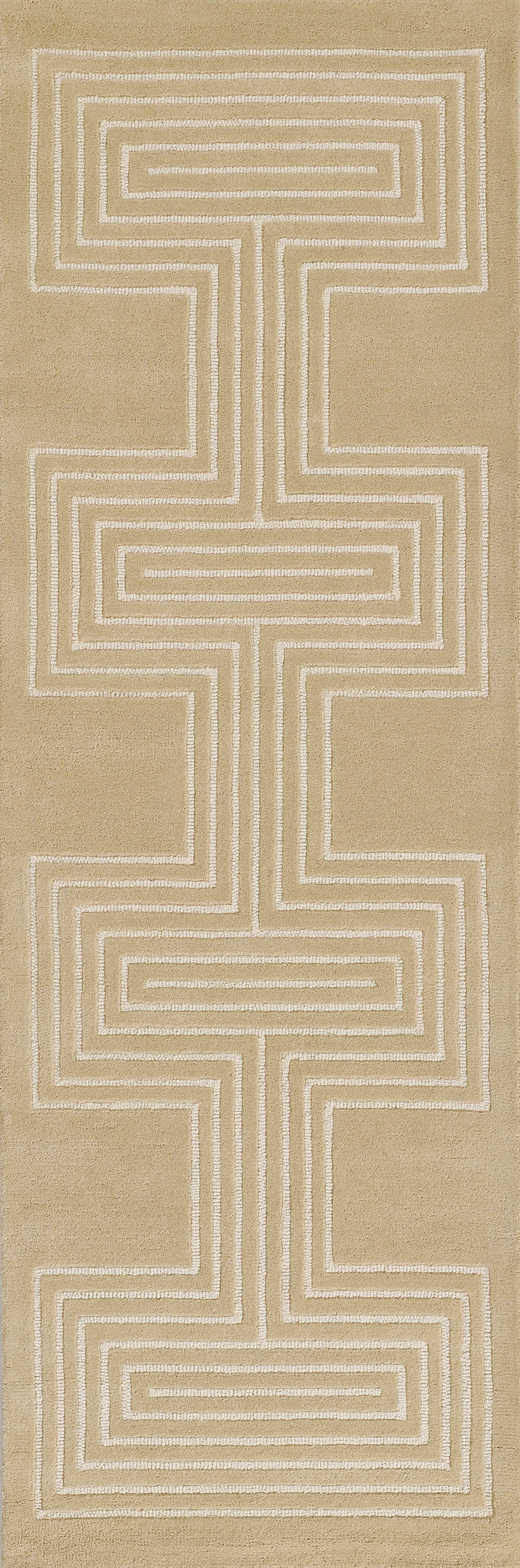 Beige rug featuring a white nested rectangular maze pattern; modern geometric floor decor.