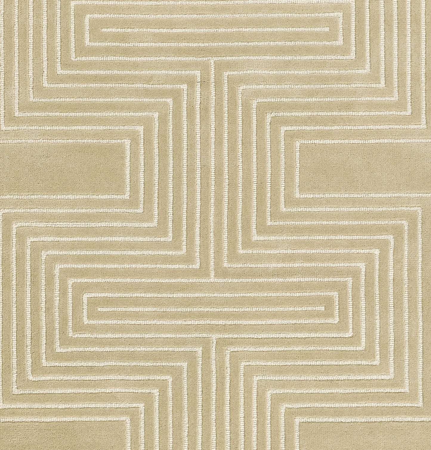 Beige rug with ivory geometric maze lines forming a cross pattern; soft textured rug, contemporary decor.