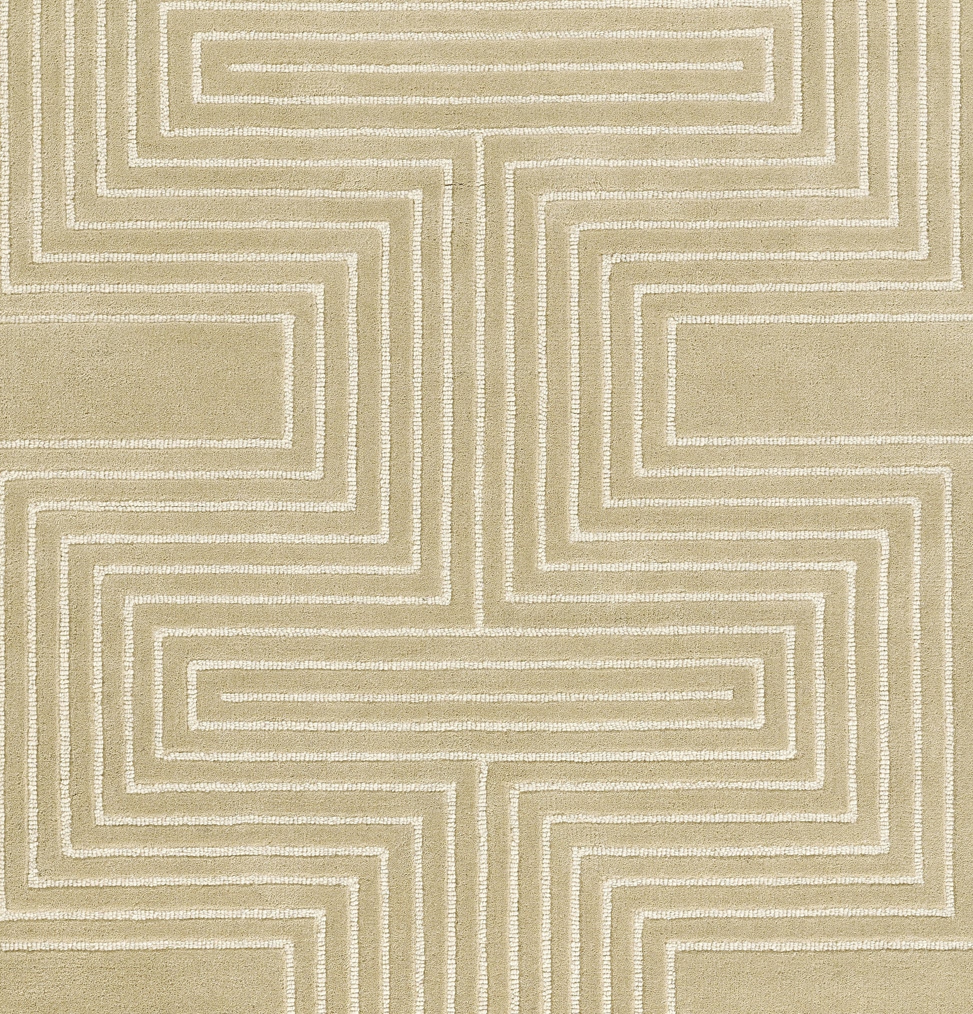 Beige rug with ivory geometric maze lines forming a cross pattern; soft textured rug, contemporary decor.