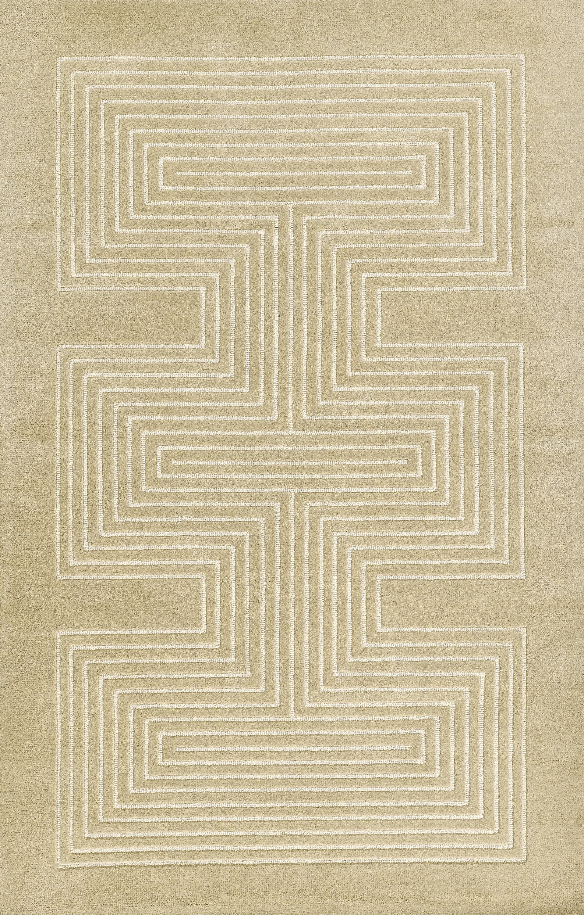 Beige rug with a white continuous-square labyrinth spanning its surface.