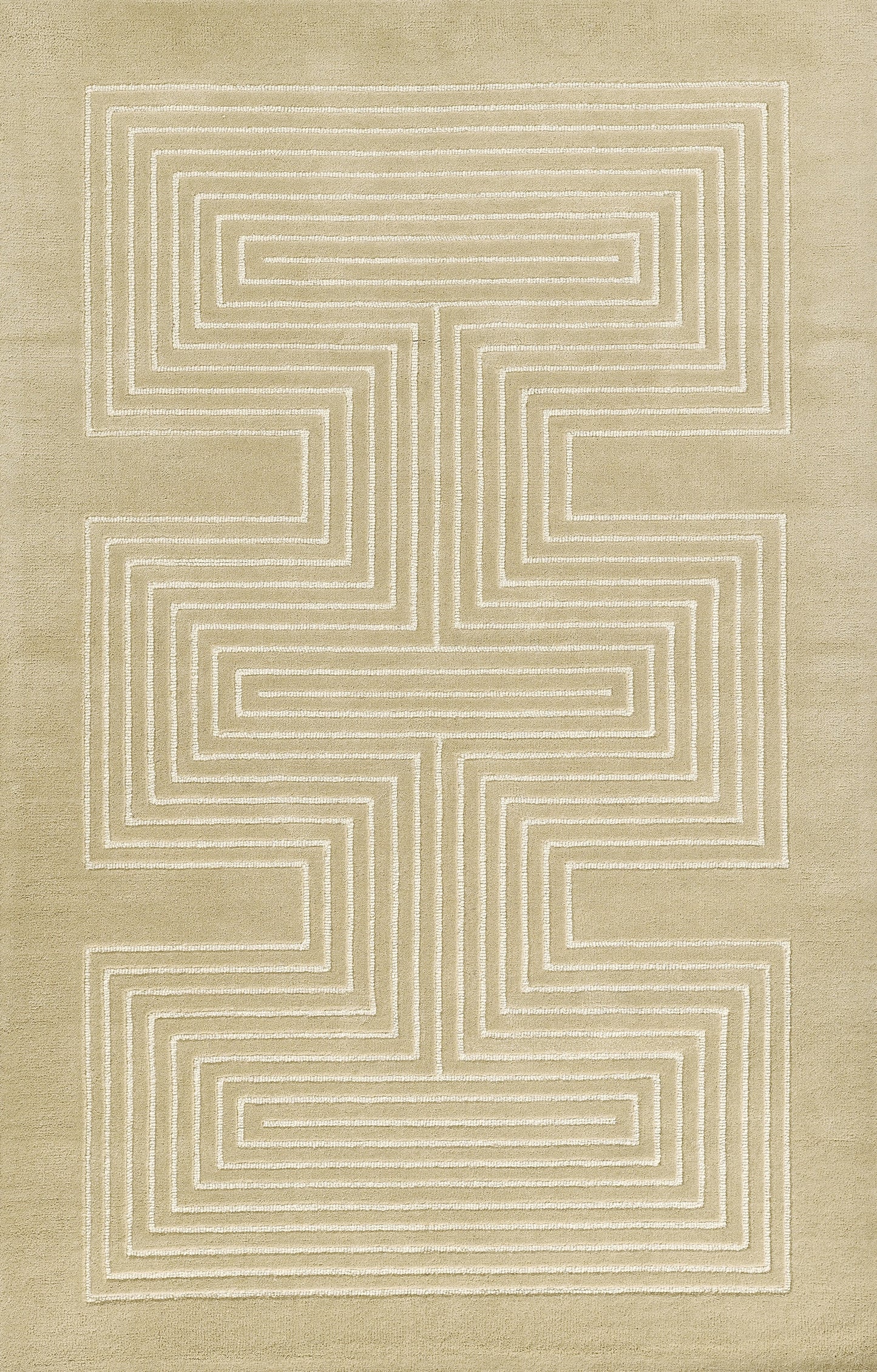 Beige area rug with a white geometric labyrinth of stepped rectangles.