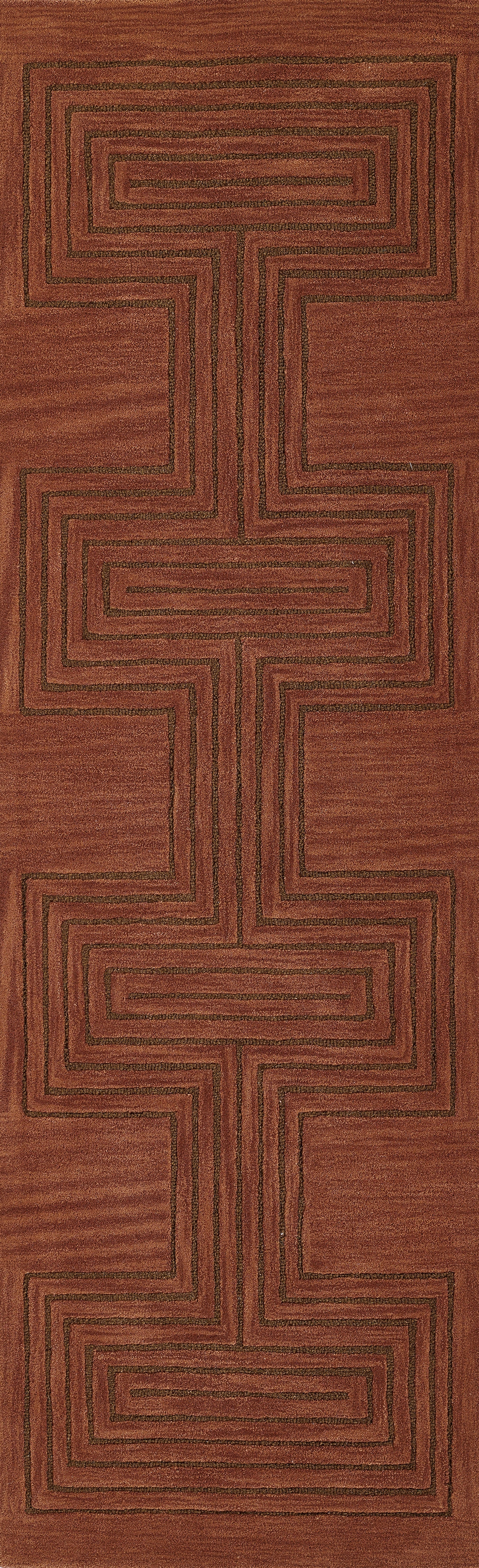 Brick-red runner rug with a vertical series of dark-brown stepped labyrinth motifs, geometric tribal style, 2'6" x 8'.