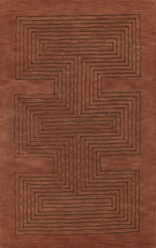 Rust-brown area rug with a dark brown geometric spiral labyrinth motif.