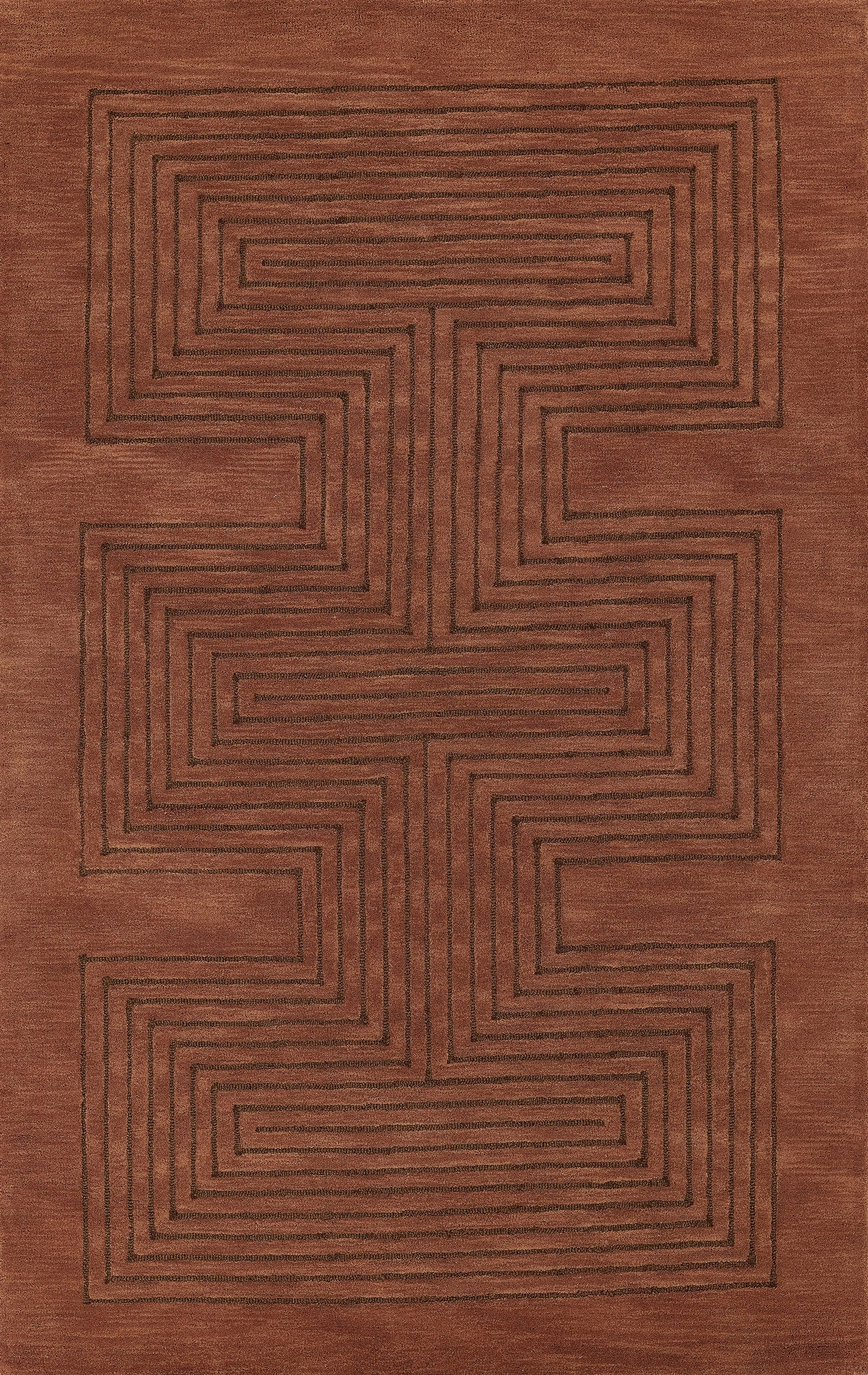 Rust-brown rug with a black geometric maze pattern of concentric rectangular spirals.