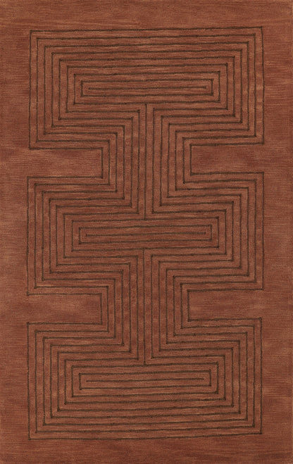 Rust-brown rug with a black geometric maze pattern of concentric rectangular spirals.