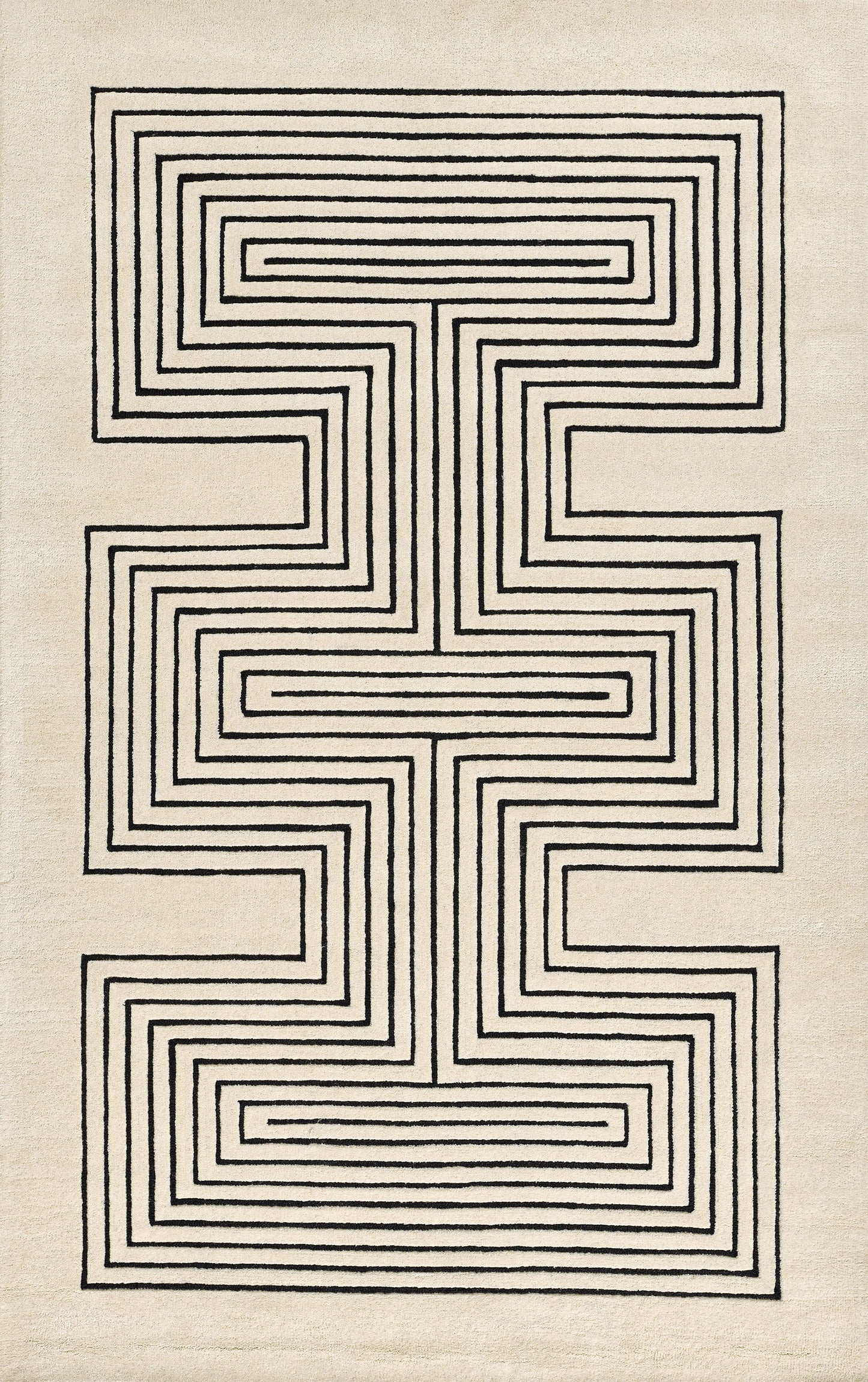 Beige area rug with bold black geometric maze pattern and layered rectangular labyrinth design.